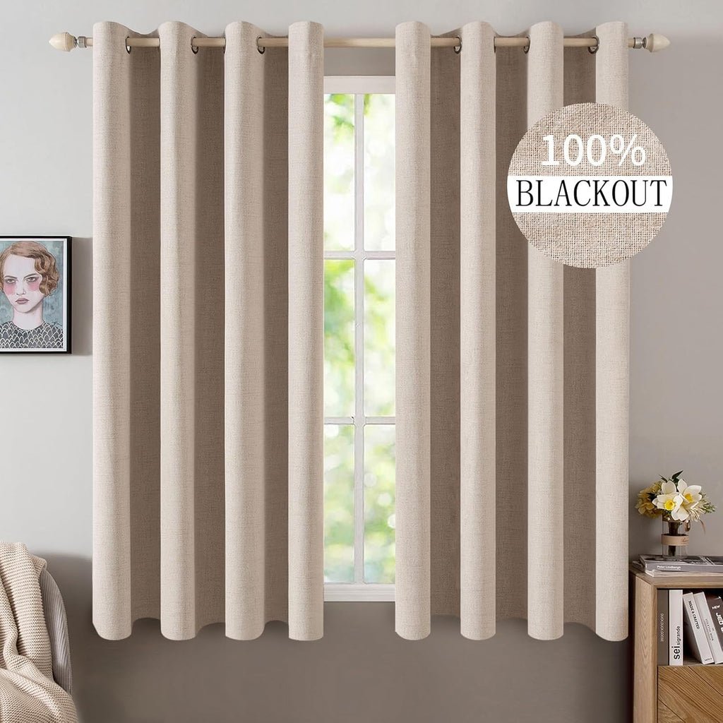 MIULEE Blackout Curtains - 100% Thermal Insulated Linen Textured Drapes | Natural Beige, 52 x 45 Inch (2 Panels)