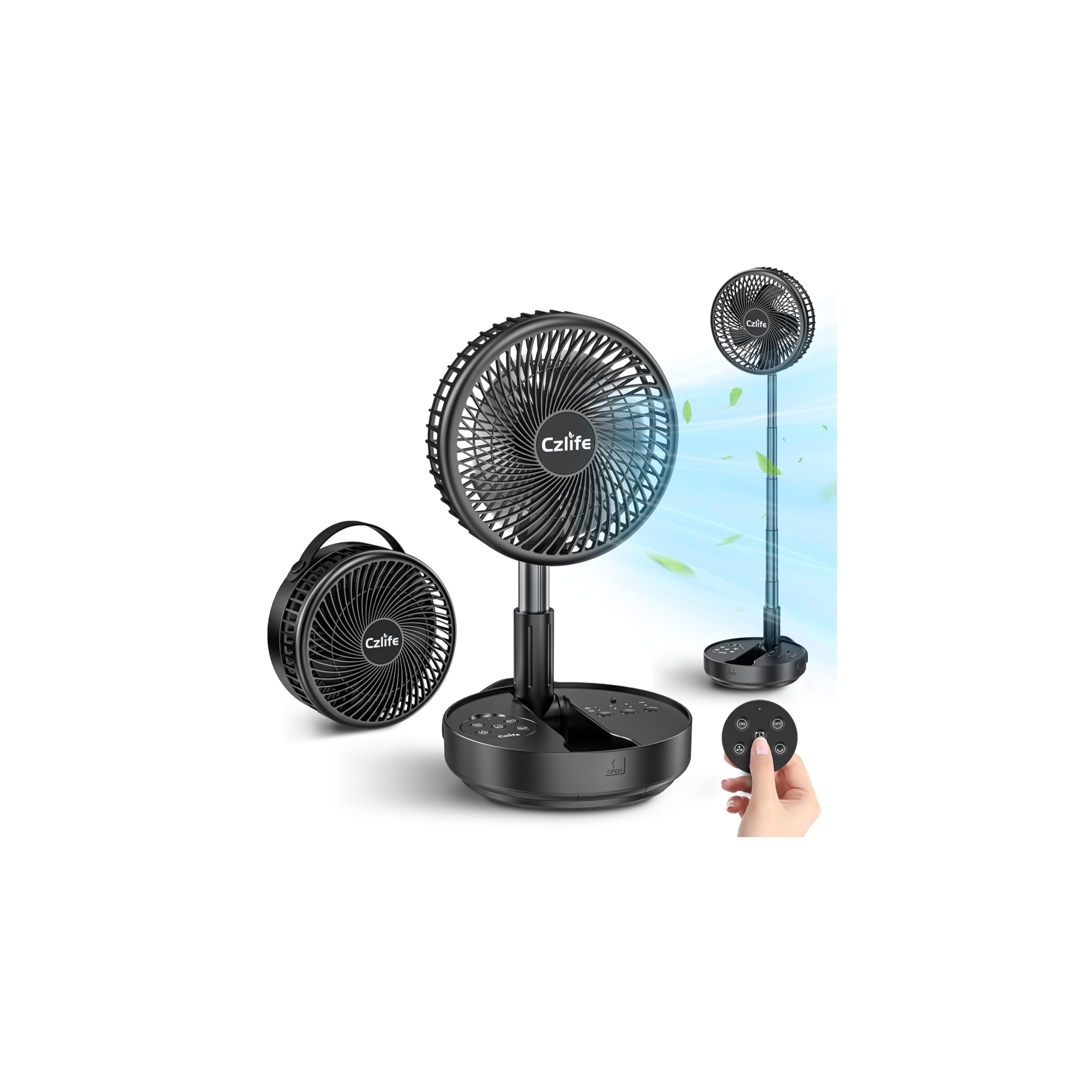 Czlife F9 Portable Fan, 10000mAh Rechargeable Battery Powered for Travel Sleeping Camping Bedroom Outdoor, Cordless Floor Desk Fan, Oscillating Folding USB Fan with Remote, 4 Speed, Timer, 7.7"
