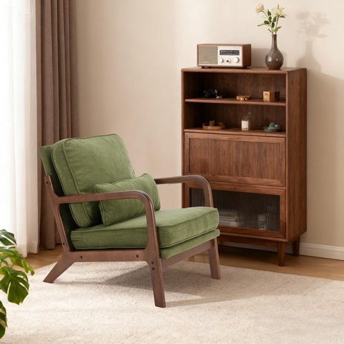 DUMOS Mid Century Accent Chair, Modern Living Room Chairs with Arms and Waist Cushion, Reading Chairs for Adults, Lounge Chair for Bedroom, Solid Wooden Frame, Classic Green