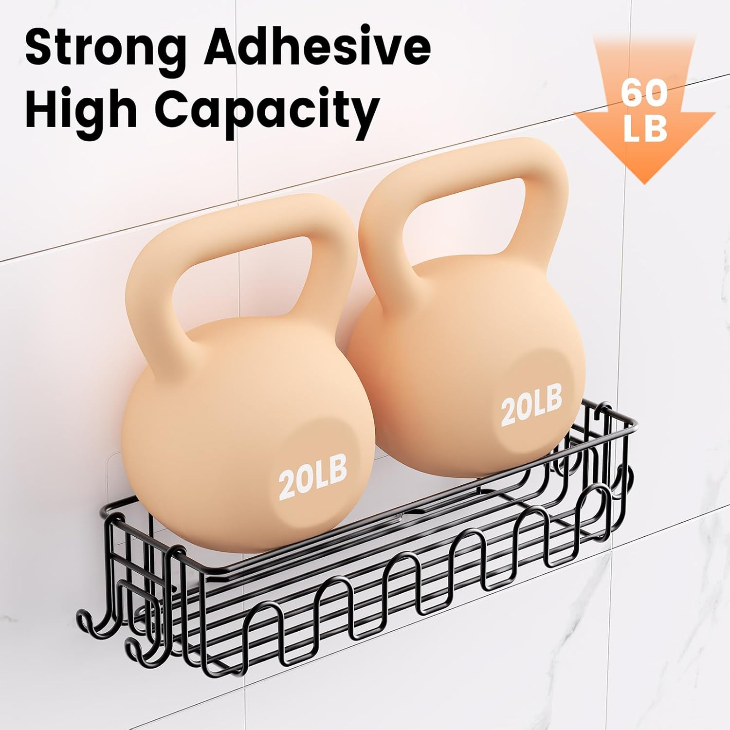 Saydear Adhesive Shower Caddy - Rustproof Metal Bathroom Storage Shelf with 2 Bonus Hooks | 4-Pack, Drill-Free Black