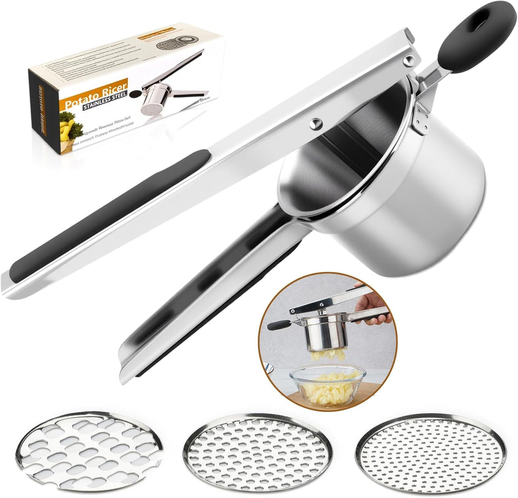 Skiennix Potato Ricer - Heavy Duty Stainless Steel with 3 Interchangeable Discs & Silicone Handle | Perfect for Mashed Potatoes