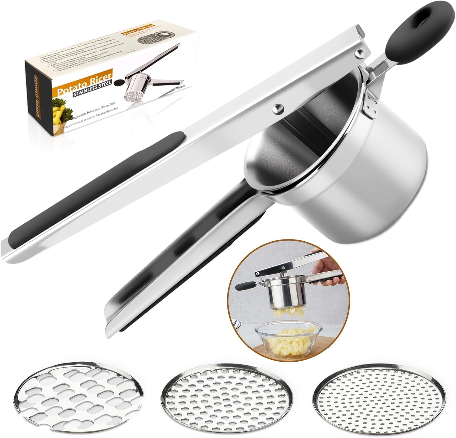 Skiennix Potato Ricer - Heavy Duty Stainless Steel with 3 Interchangeable Discs & Silicone Handle | Perfect for Mashed Potatoes