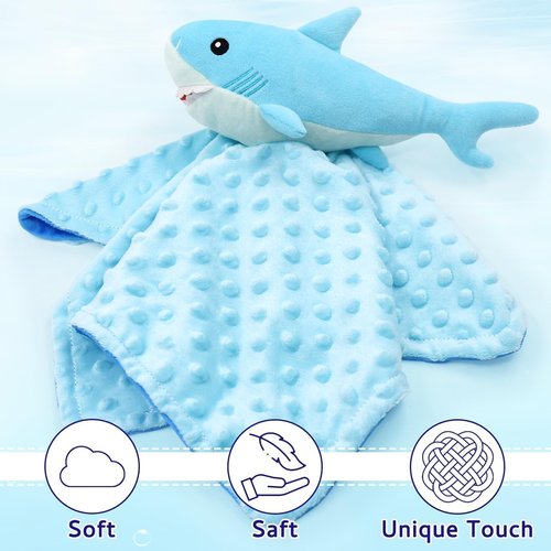 Gicoherero Shark Blanket Security for Baby Soft Lovey Plush Sleeping Snuggle Gifts Boy Blue Minky Dot Stuffed Ocean Animal Newborn Nursery Kids Toddler First Birthday Unisex Blankie Gift Ideas 15 Inch