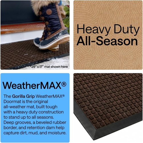 GORILLA GRIP Waterproof All-Season WeatherMAX Doormat - 34x58, Natural Rubber, Stain & Fade Resistant, Easy Clean Coffee Squares