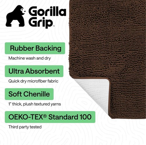 GORILLA GRIP Bath Rug Mat - Soft Absorbent Chenille | Quick Dry Microfiber, 44x26, Brown