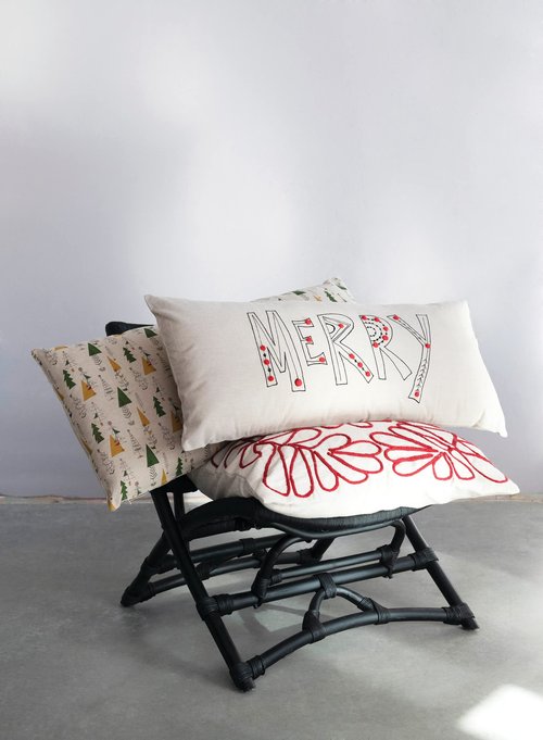 Creative Co-Op Square Cotton Slub Pillow with Embroidery, Cream and Red
