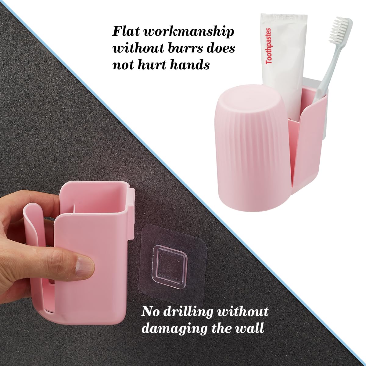 oppfacx Toothbrush Holders for Bathrooms Toothbrush Holders Wall Mounted BPA-Free Tooth Brush Holder with Toothbrush Cup Drilling-Free (Pink)