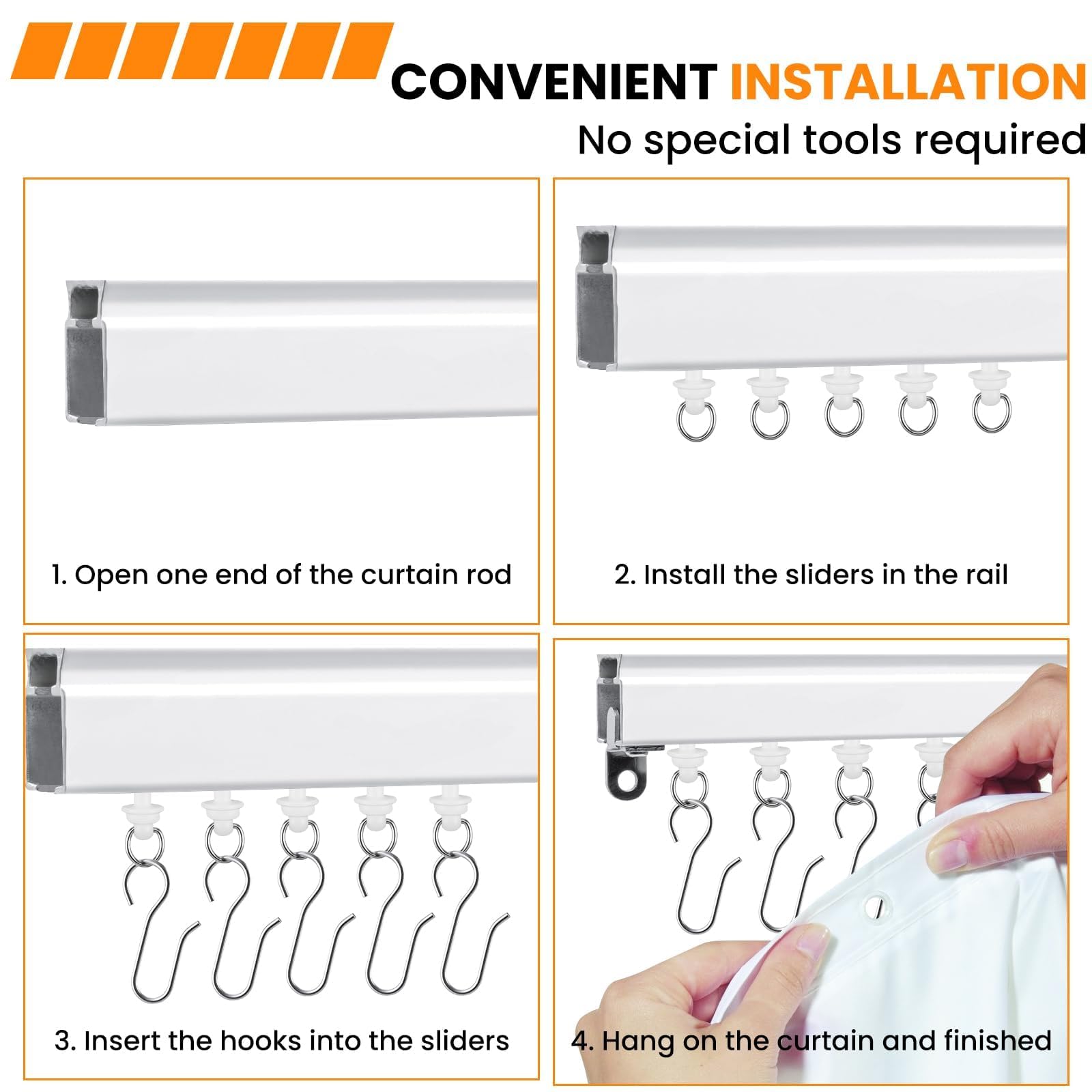MARRTEUM 120 Pcs Shower Curtain Track Gliders & Curtain Hooks Set, Ceiling Mount Sliding Track S Shaped Metal Drapery Hooks and Plastic Rollers Sets for Drape Rails and Tracks