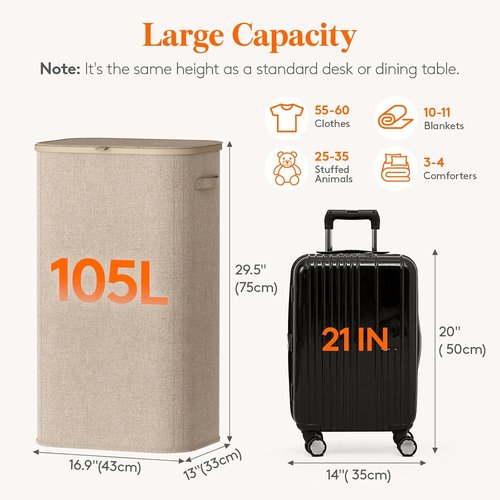 Lifewit 105L Large Laundry Basket - Foldable Hamper with Lid & Removable Bag | Beige