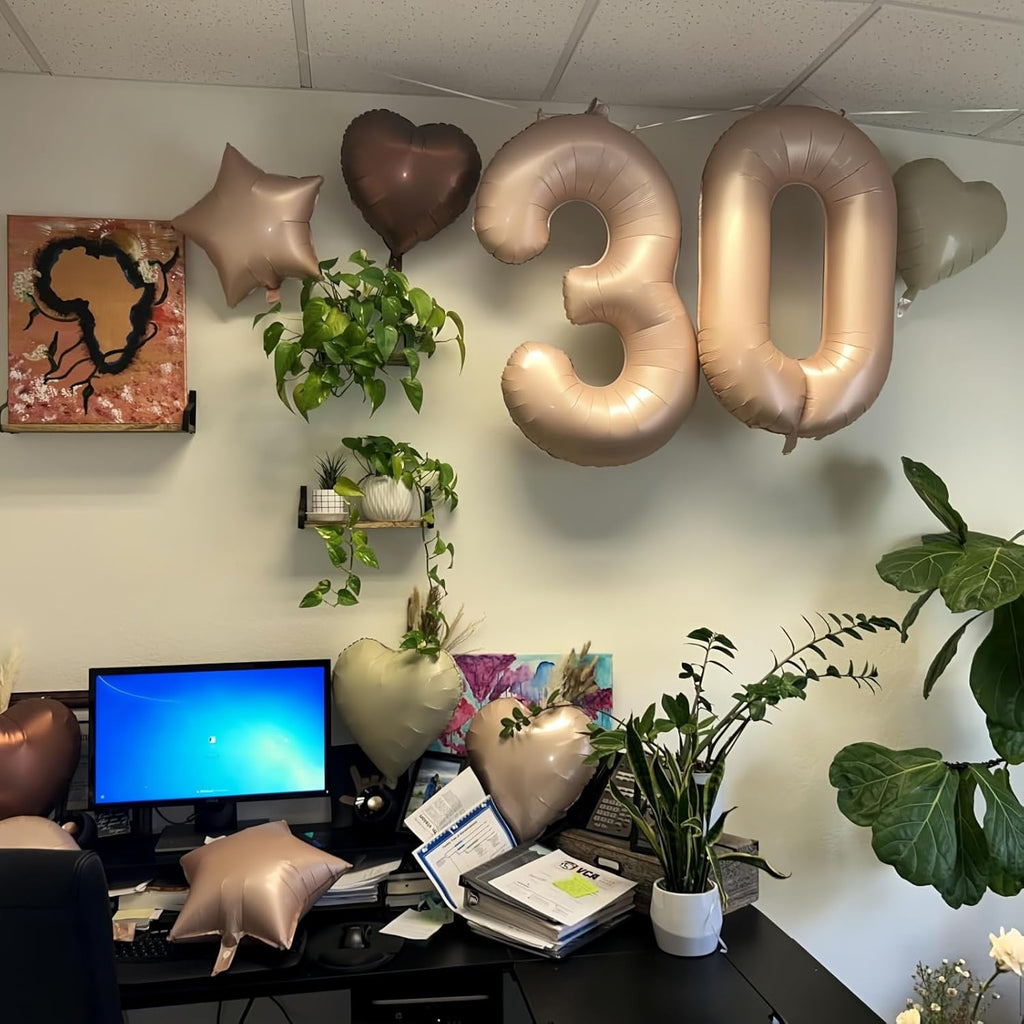 Skiennix 30 Balloons Decor - Beige Nude Apricot Foil Star & Heart Balloons | 40'' White Sand Helium Number 30 for 30th Birthday & Wedding Anniversary Celebrations