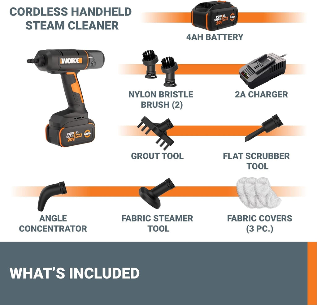 Worx 20V SteamStorm Cordless Handheld Steam Cleaner - 220°F Quick Preheat, Lightweight & Portable | Includes Battery & Charger