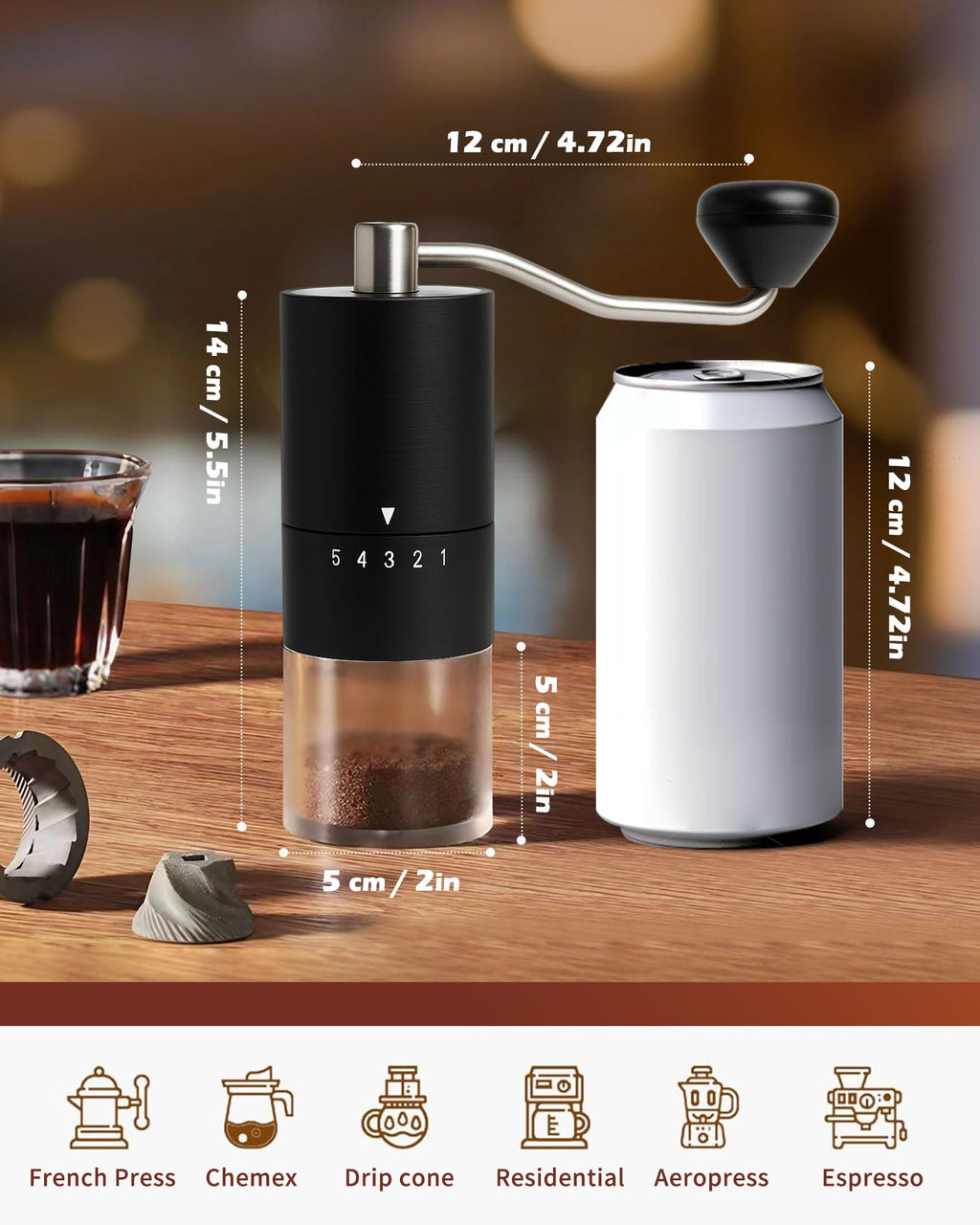 Manual Coffee Grinder With Ceramics Burr For Espresso,French Press,5 Adjustable Settings,Hand Maker with Built-In Burr,For Home Use and Camping Travel,Coffee Bean Grinders With Hand Crank (Black)