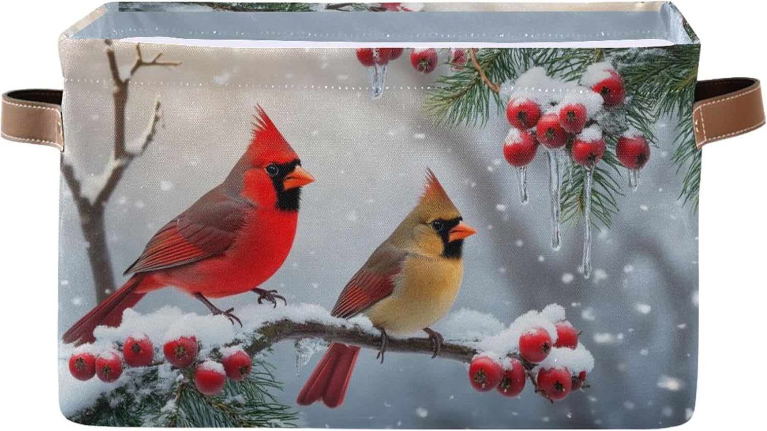 Winter Cardinal Birds Fabric Laundry Basket - Christmas Storage Organizer for Toys, Books & More | 16x12x8