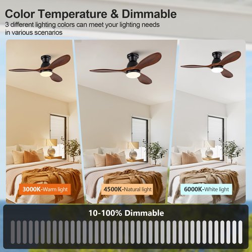 Dimmable 42 Inch Flush Mount Ceiling Fans with Lights and Remote, 3 Blade Wood Bedroom Ceiling Fan with Lights Low Profile Ceiling Fan with Light Outdoor Ceiling Fans for Patios Living Room