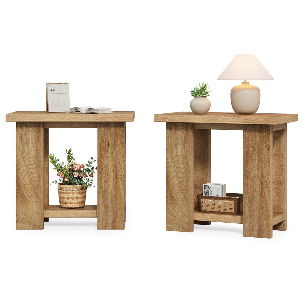 LITTLE TREE 2-Tier Side Table, Farmhouse End Table with Storage Shelves, Small Nightstand Wooden Beside Table Bed Side Table for Small Spaces, Living Room, Bedroom, Light Brown