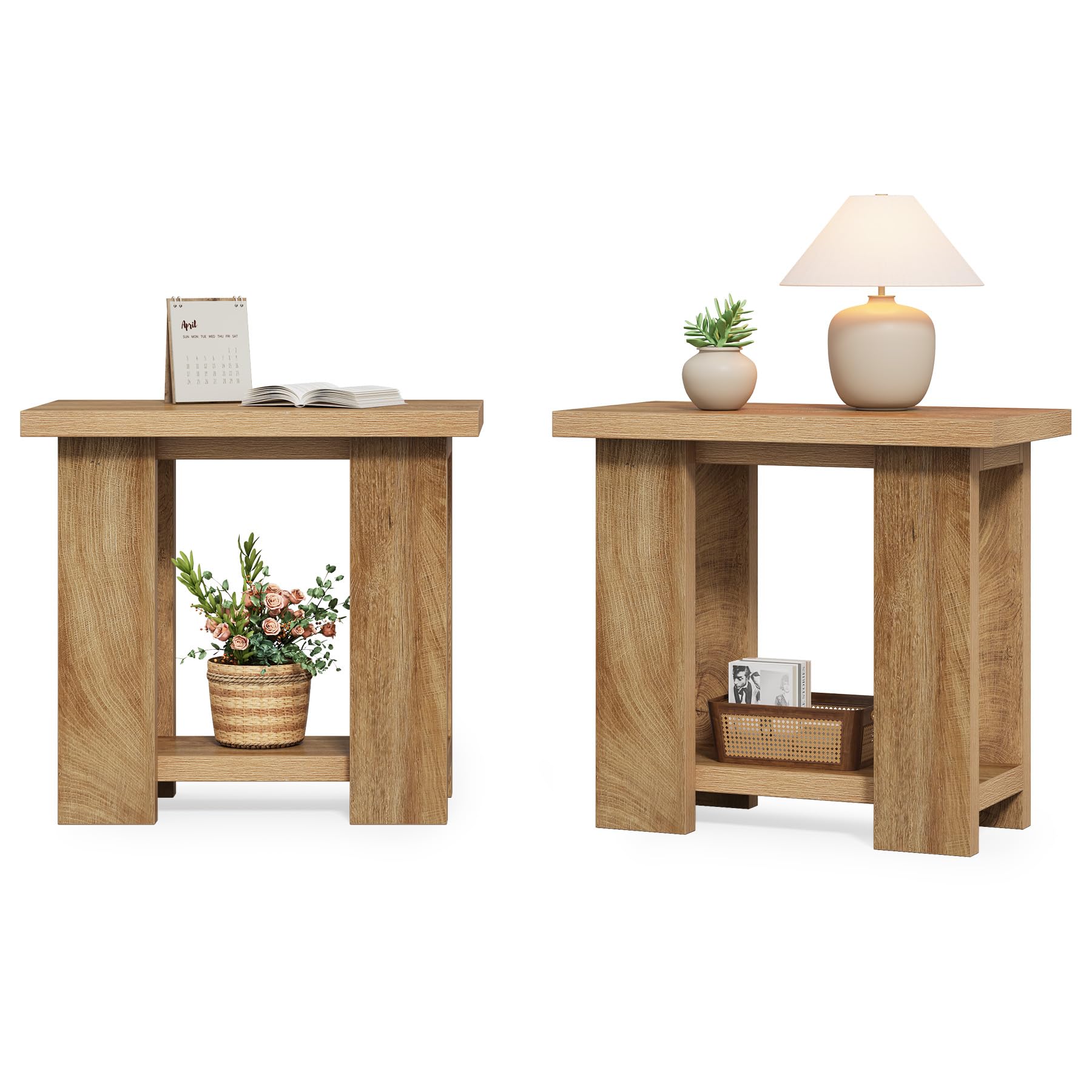 LITTLE TREE 2-Tier Side Table, Farmhouse End Table with Storage Shelves, Small Nightstand Wooden Beside Table Bed Side Table for Small Spaces, Living Room, Bedroom, Light Brown