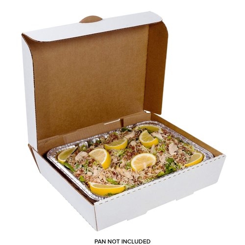 AmerCareRoyal Half Pan Corrugated Catering Box - Secure Stackable Food Delivery Container, Bakery Cardboard Food Storage Boxes, 13” x 10-7/8” x 3”, White, Case of 50