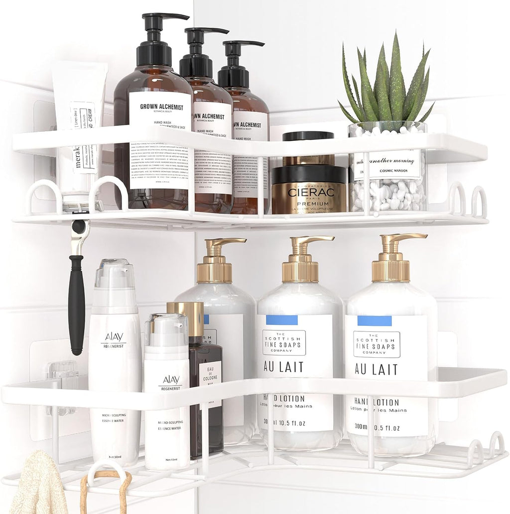 Sakugi Corner Shower Caddy | 2-Pack Rustproof Stainless Steel Organizers with 8 Hooks - No Drilling, Space-Saving, White