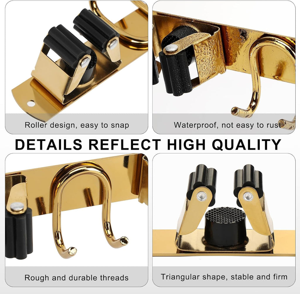 Skiennix Mop Broom Holder - Gold Stainless Steel Wall Mount Organizer with 4 Slots & 6 Hooks for Home Use