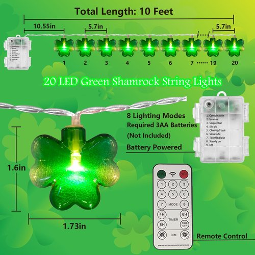 Fonusty St Patricks Shamrock String Lights Battery Operated 10Ft 20 LED Green Shamrock Lights with Timer, Indoor Outdoor Lucky Clover String Lights for Bedroom St. Patrick's Day Decor