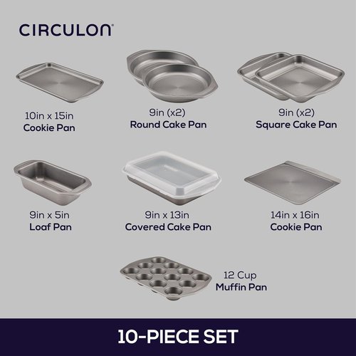 Circulon Nonstick Bakeware Set - 10-Piece Metal Baking Pans in Stylish Gray Finish