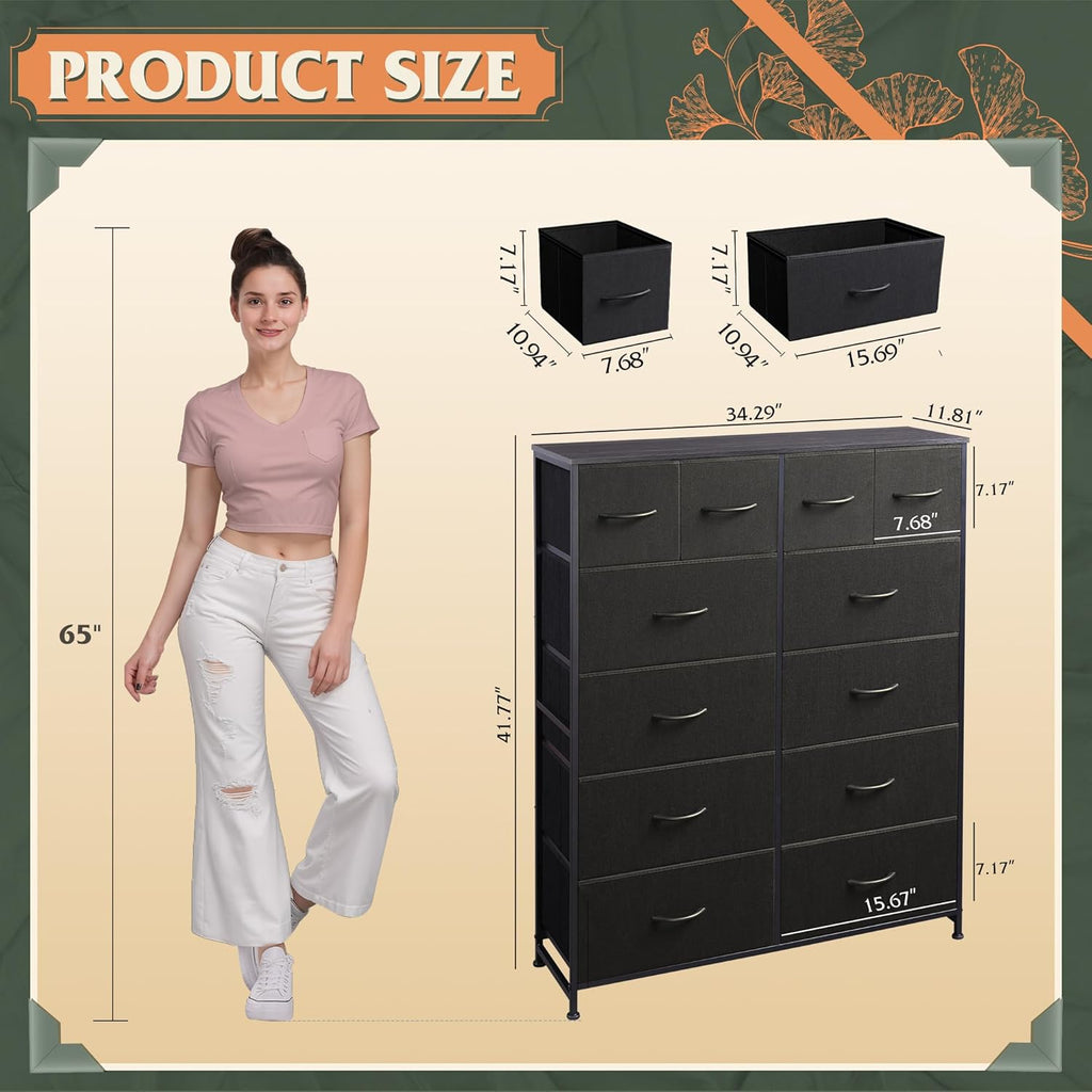 WLIVE Tall Dresser - 12 Drawer Fabric Storage Solution for Bedroom & Living Room - Charcoal Black