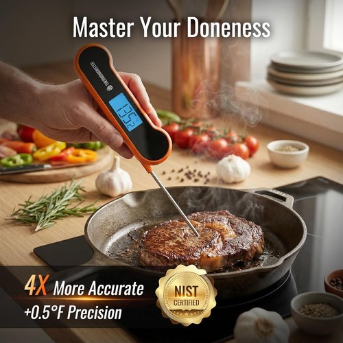 Instant Read Meat Thermometer - Skiennix Digital Kitchen Gadget with ±0.5℉ Precision | Perfect for BBQ, Oven & Candy Cooking - Orange