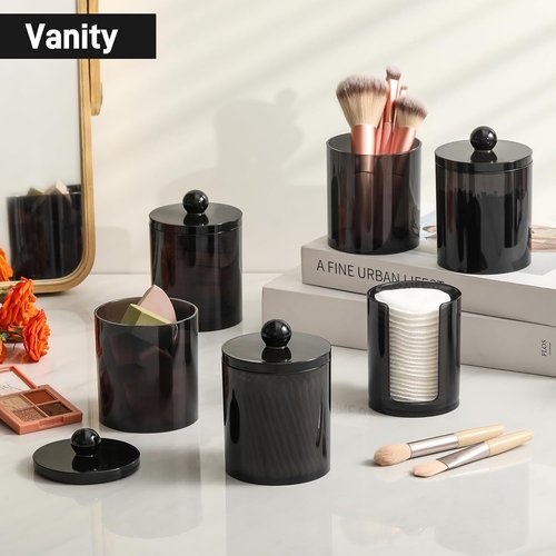 **Skiennix Acrylic Qtip Holder Dispenser - Clear Plastic Apothecary Jar Set for Cotton Swabs & Makeup Storage**