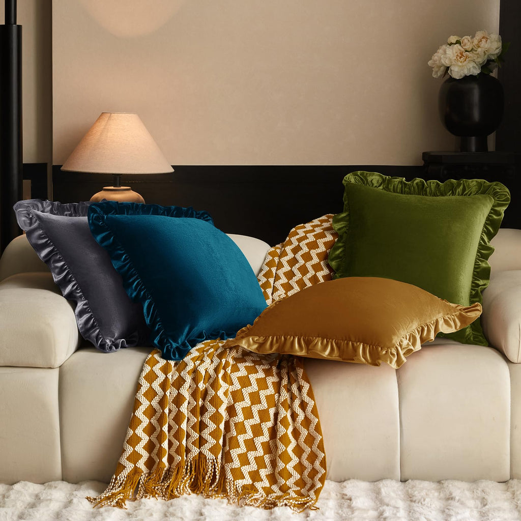 KKJIAF Gold Velvet Throw Pillow Covers 18 x 18 Inch Set of 2, Ruffle Euro Pillow Shams Velvet Square Pillow Case for Sofa Bedroom Couch Decorative