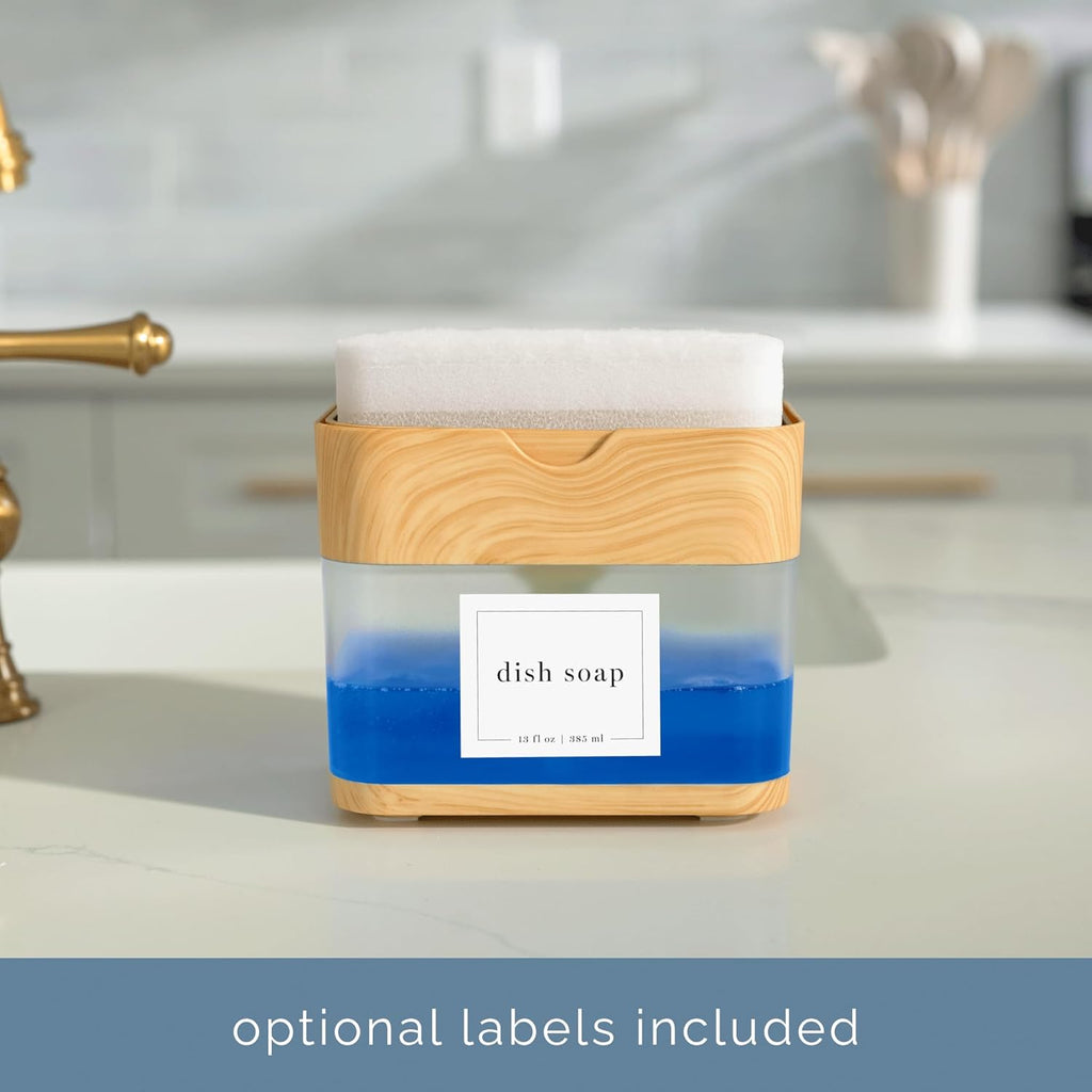 S&T INC. Dish Soap Dispenser - Waterproof Labels & Sponge Included | 13 Oz Plastic & Bamboo