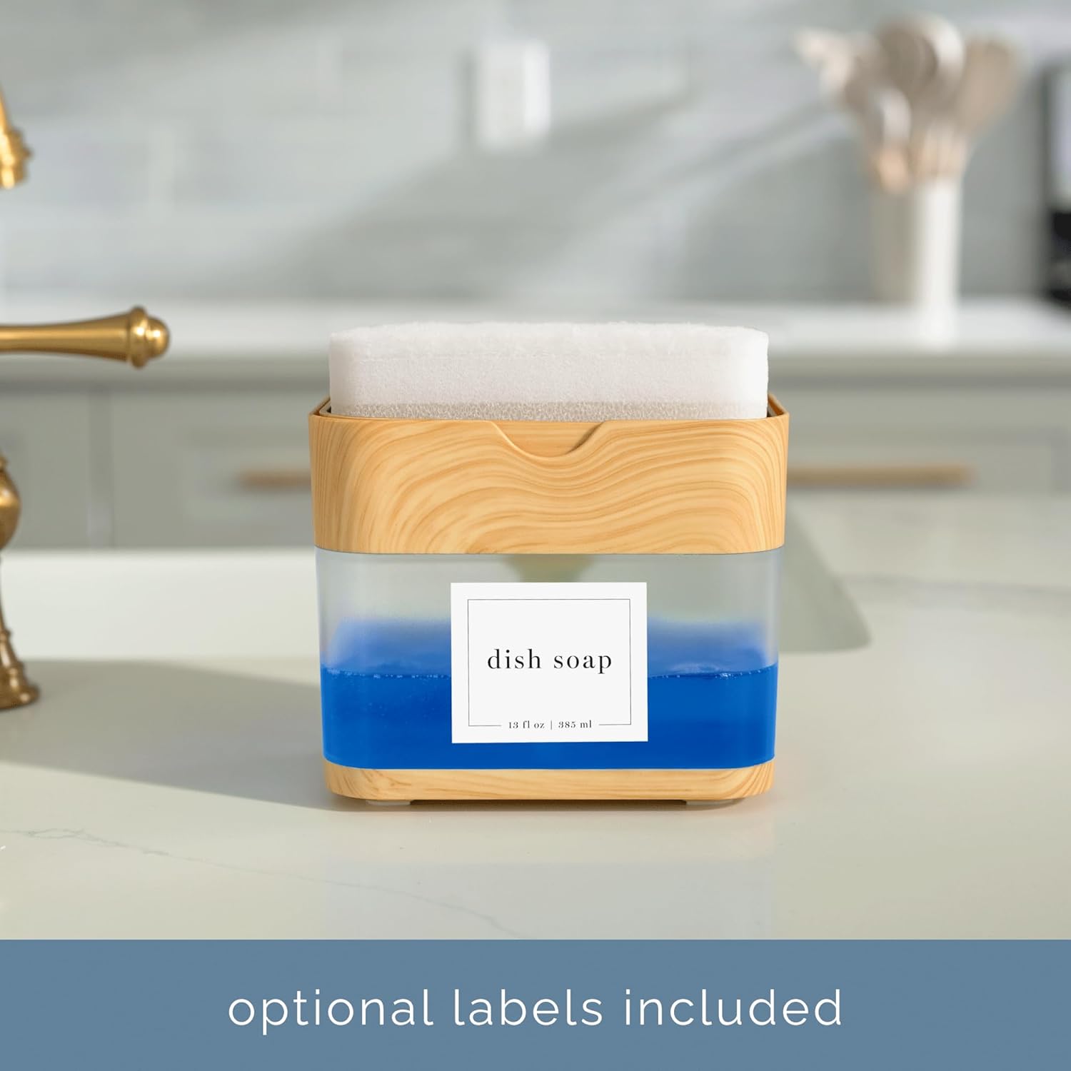S&T INC. Dish Soap Dispenser - Waterproof Labels & Sponge Included | 13 Oz Plastic & Bamboo