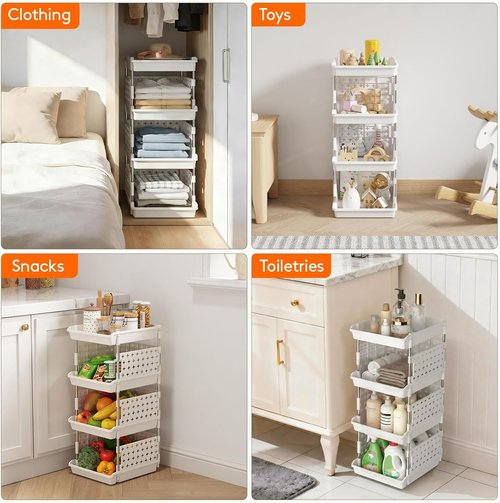 Lifewit Stackable Storage Baskets - 4-Tier Multifunctional Organizer for Food & Clothes | 13.8"D x 11.8"W x 28.3"H, White