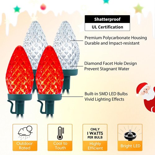 Brightown C9 LED Christmas String Lights - 200 LEDs, 132ft Waterproof Outdoor Decor | Red & White