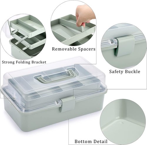 BTSKY Craft Organizer - 3-Layer Plastic Storage Box with Adjustable Spacers | Portable Haze Green Art Supply Box