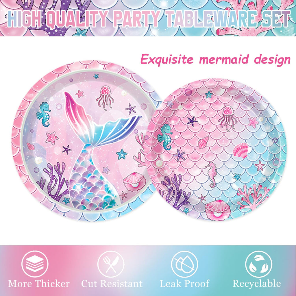 QIYANPAX Mermaid Birthday Decorations Supplies Plates, Napkins, Cups, Cutlery, Banner, Hanging Swirls, Cake & Cupcake Toppers, Balloons, Tablecloth for Mermaid Party Decorations, Serves 20