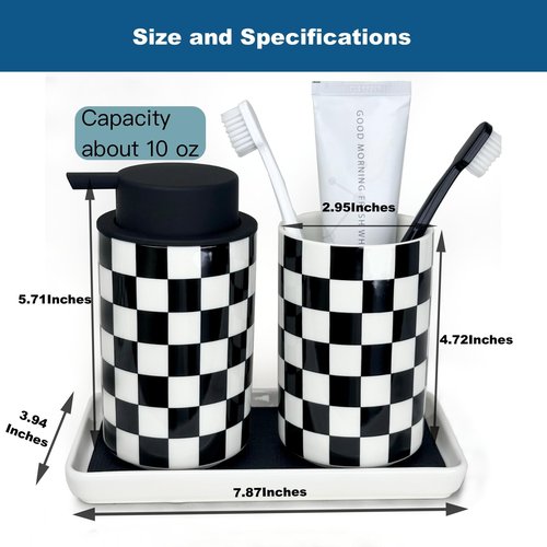 Bathroom Toothbrush Holder Set, Ceramic Soap Dispenser and Tooth Brush Holder Set, Modern Bathroom Accessories Sets Countertop, Black and White Checkered Bathroom Decor Set