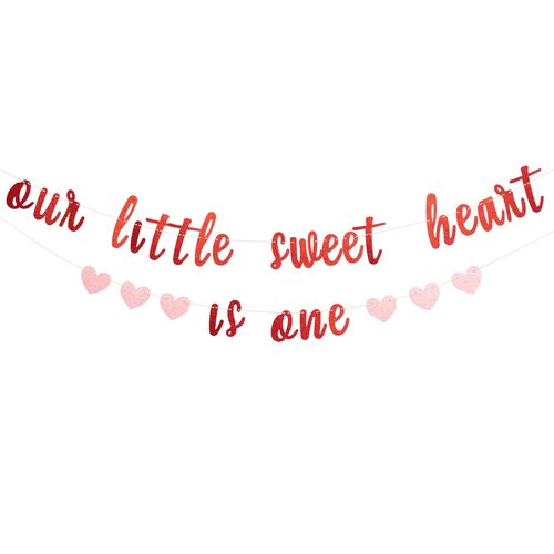 MUWEOL Our Little Sweet Heart Is One Glitter Banner - Valentine's Day Theme First Birthday Party Banner,Our Little Sweet Heart Is One Birthday Decoration (sweet heart banner)