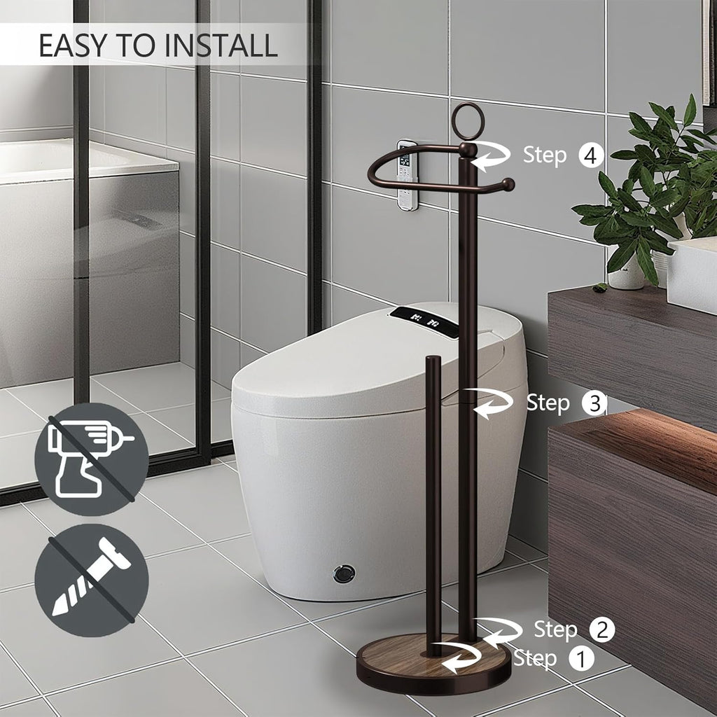 Skiennix Free Standing Toilet Paper Holder - Stylish Storage for 4 Rolls with Weighted Wood Grain Base - Black & Bronze