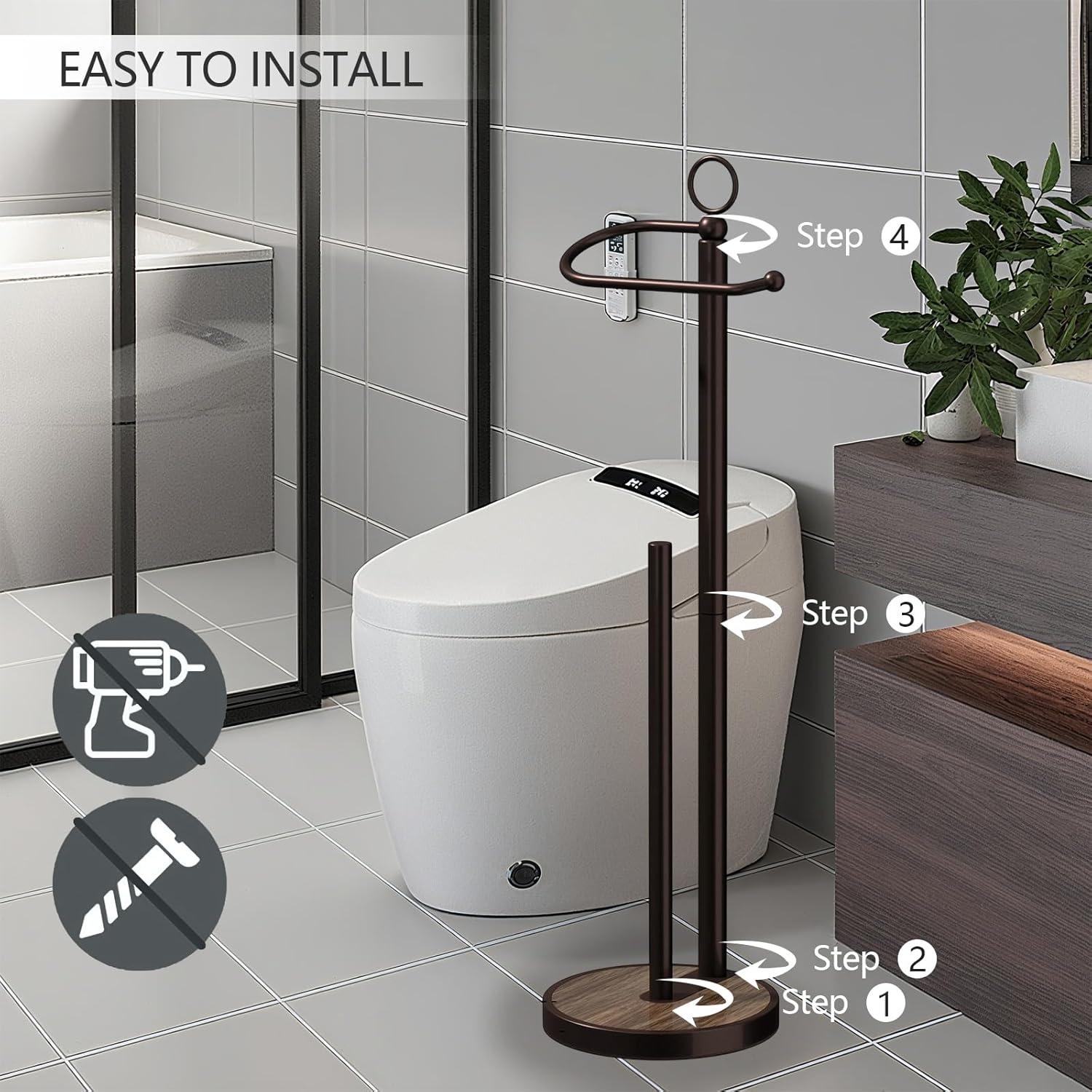 Skiennix Free Standing Toilet Paper Holder - Stylish Storage for 4 Rolls with Weighted Wood Grain Base - Black & Bronze