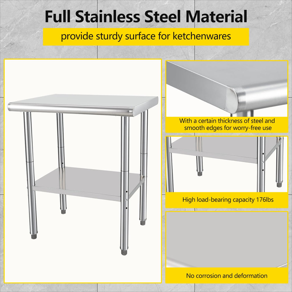 GarveeTech Stainless Steel Food Prep Table, 24 x 30 in NSF Commercial Kitchen Metal Table with Adjustable Lower Shelf and Plastic Feet, Steel Work Prep Table for Restaurant Home Hotel