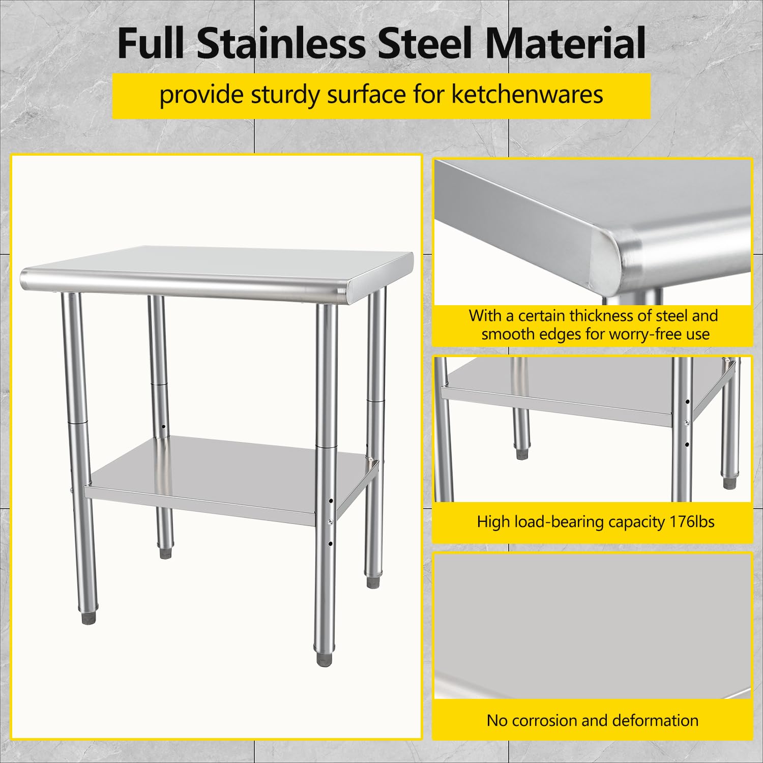 GarveeTech Stainless Steel Food Prep Table, 24 x 30 in NSF Commercial Kitchen Metal Table with Adjustable Lower Shelf and Plastic Feet, Steel Work Prep Table for Restaurant Home Hotel