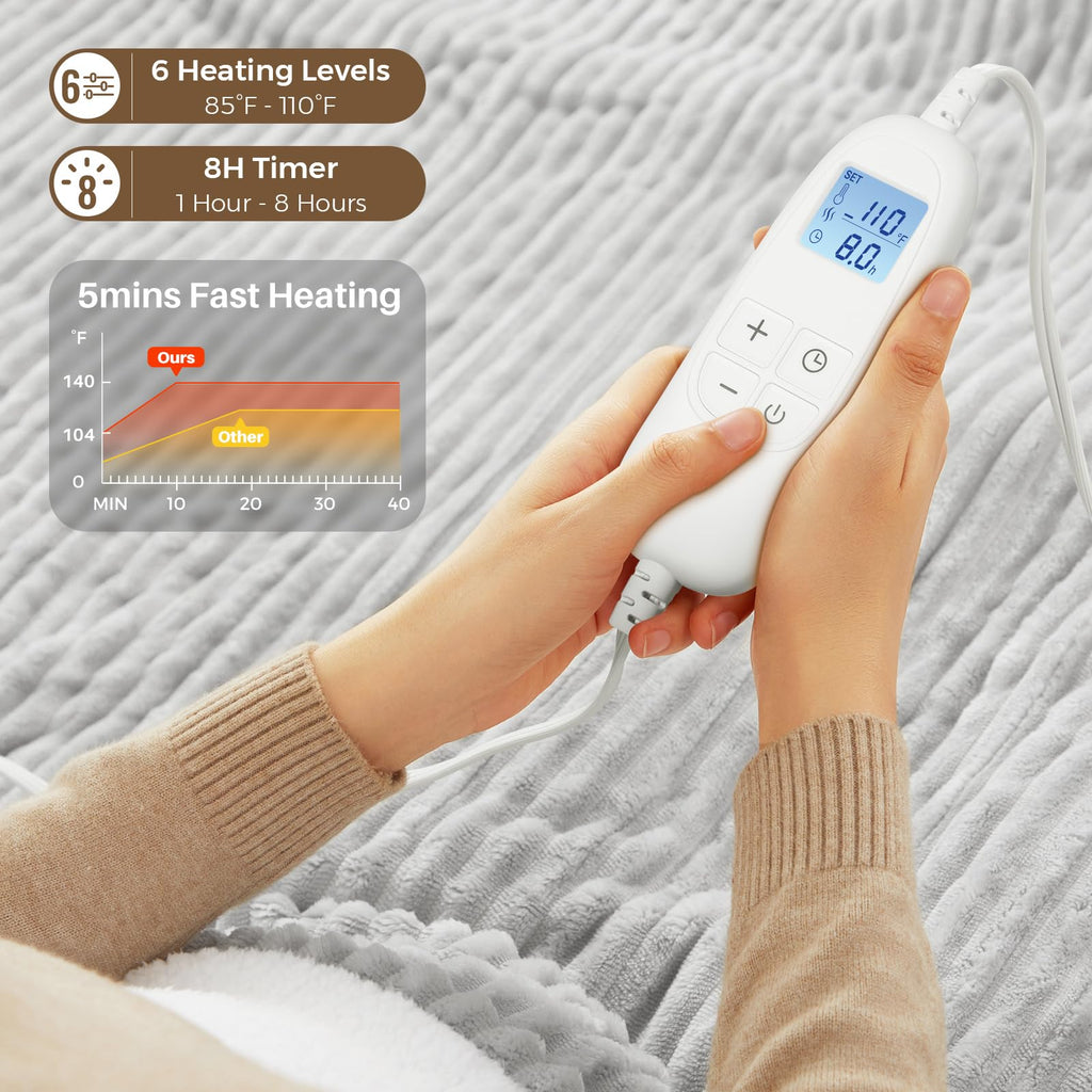 Electric Heated Blanket Queen Size 84" x 90" | 6 Heating Levels & 8h Auto Timer | Full Body Fast Heating and Ultra Soft Flannel, Machine Washable Bed Sofa Home Office Use, Light Grey