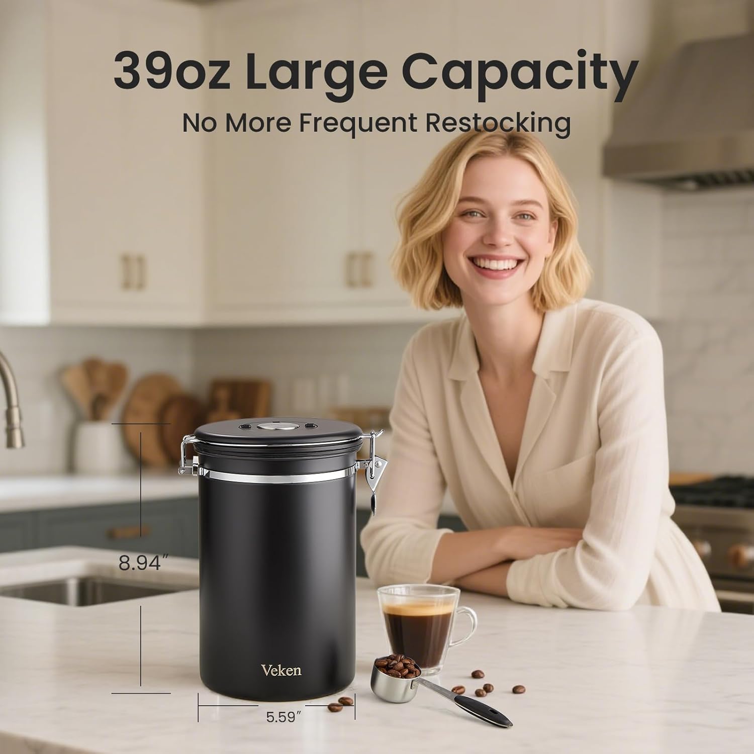Veken Coffee Canister - Airtight Stainless Steel Food Storage Container | 39oz for Coffee, Sugar & Tea