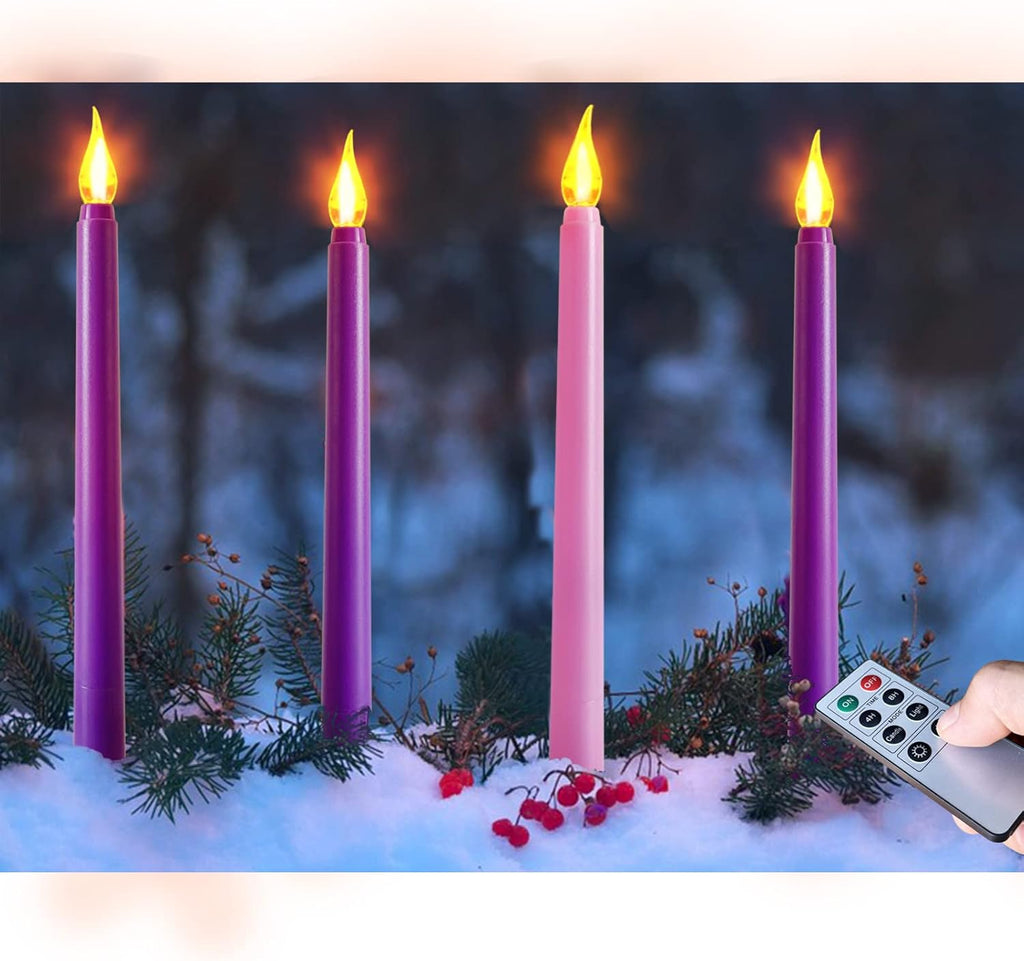 Regine Switzerland Flameless Taper Candles - Set of 4 Battery Operated, Flickering Purple & Pink for Home Decor