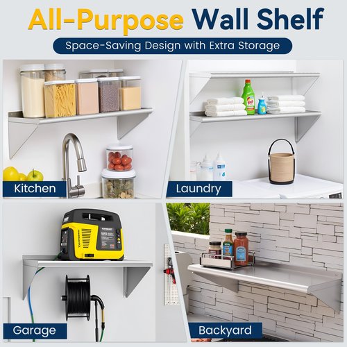 Chingoo Stainless Steel Shelf 12" x 36" - 2 Pack 300 lb Wall Mounted Commercial Stainless Steel Shelves Metal Shelving for Restaurant Kitchen