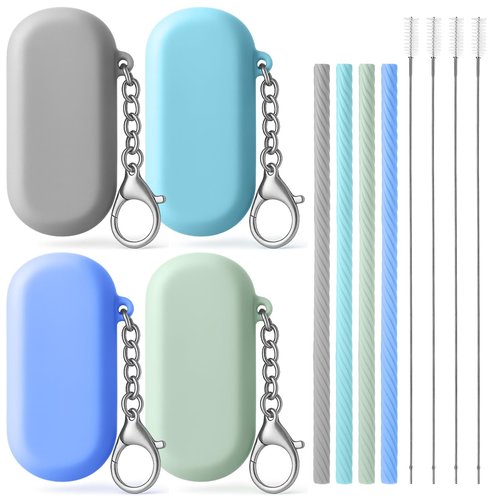Ymapinc 4Set Reusable Straws Silicone with Case,Portable Travel Straws for Party Travel Cold or Hot with 4 Cleaning Brushes 4 Case(Green,Blue,Deep Blue,Gray）