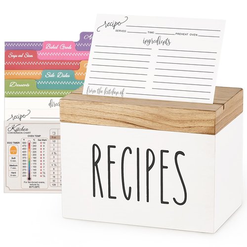 Dahey Wooden Recipe Box White Recipe Organizer with 100 Recipe Cards and 6 Dividers, Recipe Card Holder Box Set with Lid and Slots to Write in Your Own Recipes for Cooking Lover Kitchen, 6.9''x4.3''