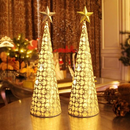 Juegoal Lighted Christmas Table Decorations - Star Design with 10 LED Lights | Set of 2 (Gold & Silver)