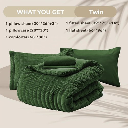 HYMOKEGE Twin Comforter Set - Dark Green Seersucker 5-Piece Luxury Bedding Set | All-Season Comforter, Sheets & Pillowcases