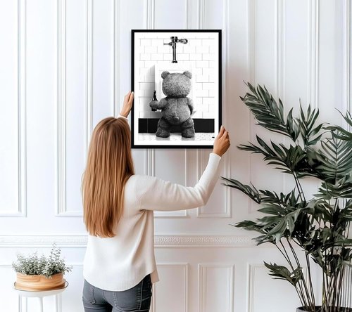 Funny Teddy Bear Wall Art - Black and White Bathroom Decor | 8x10in Print for Movie Fans